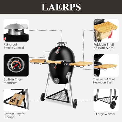 Large Kamado Charcoal Grill, Charcoal Grill with Smoker and Locking Lid, Kamado Charcoal Grill with Side Tray, Easy to Move and Clean, 18 Inches Large Charcoal Grills for Outdoor Cooking