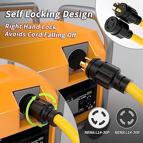 50FT 30 Amp Generator Extension Cord 4 Prong, NEMA L14-30P/L14-30R 10 Gauge STW 125/250V Twist Lock Generator Cord Heavy Duty, Yellow ETL Listed