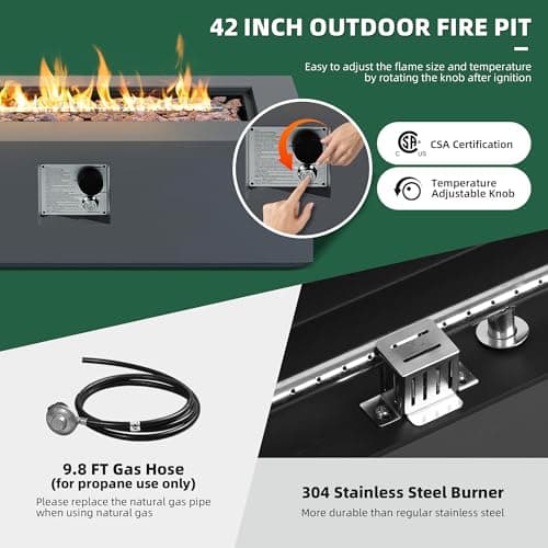 UPHA 42-inch Outdoor Propane Gas Fire Pit Table 50000 BTU Iron Rectangle FirePit for Outside Patio with Tank Hidden Table, Removable Lid, Lava Rocks, Rain Cover, Grey