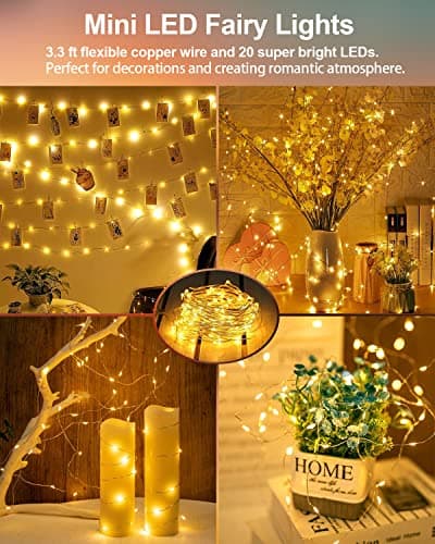 20 Pack Fairy Lights Battery Operated 3.3ft 20 LED Mini Fairy String Lights Waterproof Copper Wire Firefly Starry Lights for Wedding Party Mason Jars Christmas Decorations, Warm White
