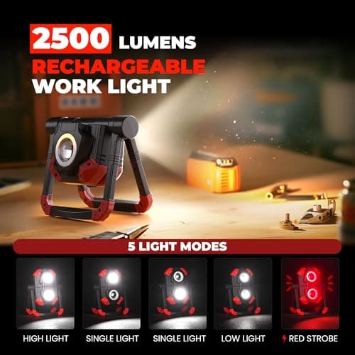 Yzoni 2 Pack LED Work Light Rechargeable, 2 COB 2500LM Folding Portable Flood Light with Magnetic Base and 360° Rotation Stand, Spotlights for Camping Car Repairing Emergency Job Site Lighting
