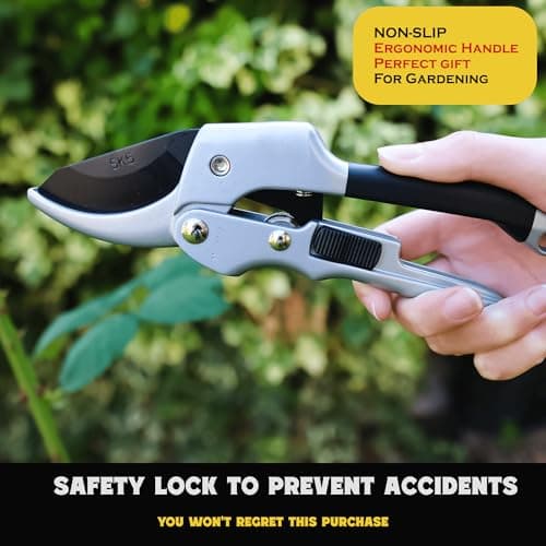 Ratchet Pruning Shears for Gardening Heavy Duty SK5 Japanese Steel Titanium coated Blades 3X Easier Cutting Ideal for Weak Hands & Arthritis. Anvil Pruner, Secateurs, Hedge Shears, Best Garden Gifts