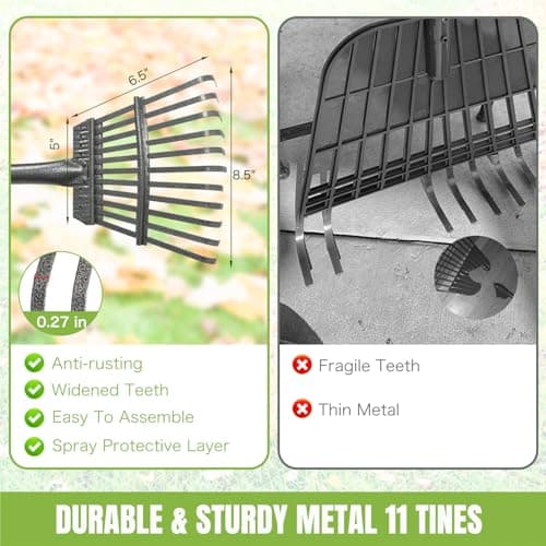 Joyhalo Small Leaf Rake, 8.5 Inch Wide Head with 11 Tines, Metal Garden Rake with Adjustable Handle 38.5 to 65 Inch for Gardening, Leaves, Weeds, Debris