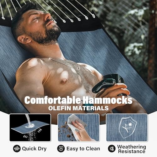 Patio Watcher 13 FT Quick Dry Olefin Hammock - Outdoor Double Hammock with Metal Curved Spreader Bars - 450 lbs Capacity - Dark Blue