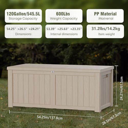 120 Gallon Deck Box,Outdoor Storage Box Lockable,Waterproof for Patio Furniture, Garden Tools, Pool Accessories, UV-Resistant for All Weather Use, Coffee