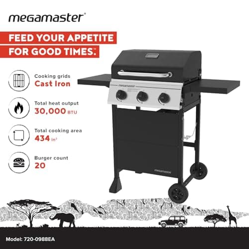 3-Burner Propane Gas Grill with Folding Side Tables, 30,000BTUs, 429.81 sq. in. Cooking Space, Stainless Steel Control Panel, Outdoor Kitchen Grill for BBQs, Patios, and More - 720-0988EA