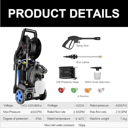 4500PSI Electric Pressure Washer 2.8GPM Power Washer 1600W High Pressure Cleaner Machine with 4 Nozzles Foam Cannon Powerwasher for Home use, 2-Year Limited (Blue)
