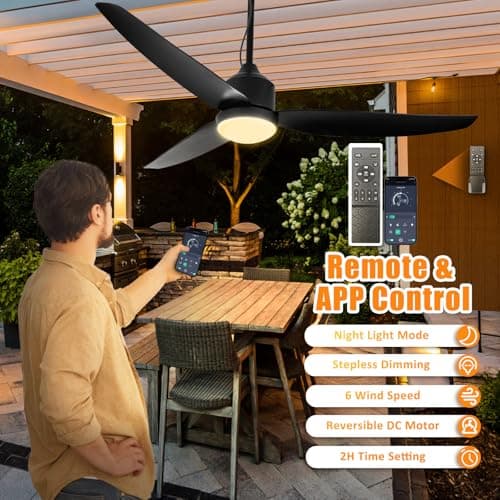 Depuley Outdoor Ceiling Fan with Light: 52 Inch Gazebo Fan Outdoor Hanging - Plug in Ceiling Fan for Patio Waterproof - Dimmable Ceiling Fan Remote App Control Black