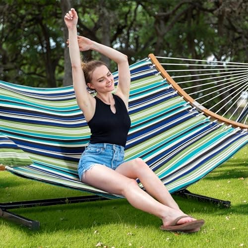 SUNCREAT Heavy Duty Double Hammock and Stand, Free Standing Two Person Hammock with Stand, Green Stripes