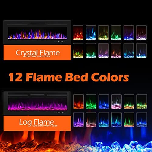 50" Electric Fireplace Wall Mounted and Recessed with Remote Control, 750/1500W Ultra-Thin Wall Fireplace Heater W/Timer Adjustable Flame Color and Brightness, Log Set & Crystal Options