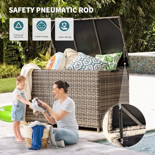 178 Gallon Outdoor Storage Box, Patio Deck Box with 2 Wheels, Handle Large Portable Wicker Rattan Deck Box for Patio Furniture Cushions, Throw Pillows, Garden Tools and Pool Floats (Gray)