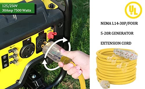 S7 25 Feet Heavy Duty Generator Adaptor Extension Cord,Locking Cord,NEMA L14-30P/Four 5-20R, Generator Power Cord