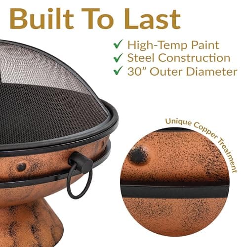Sunnydaze 30-Inch Large Outdoor Fire Pit - Wood Burning Fire Pit for Outside with Poker and Screen - Copper Finish - Royal Cauldron