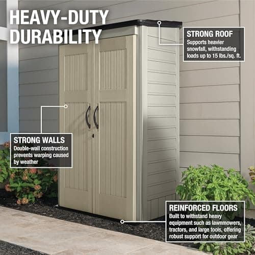 Rubbermaid Vertical Resin Outdoor Storage Shed With Floor (4 x 2.5 Ft), Weather Resistant, Beige/Brown, Organization for Home/Backyard/Pool Chemicals/Toys/Garden Tools/Porch/Patio Cushions
