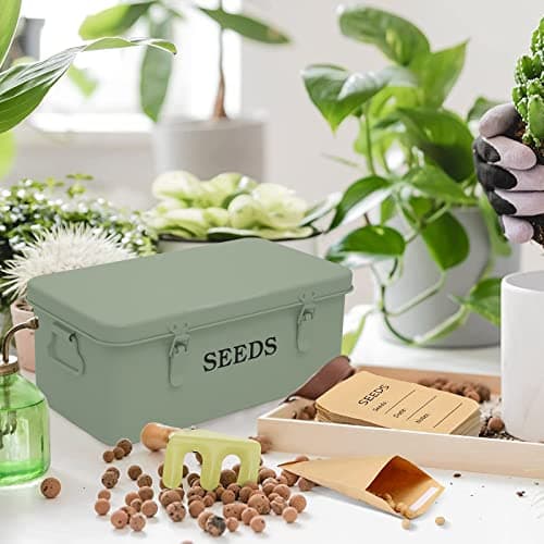Seed Saving Box, Metal Seed Bin, Seed Storage Organizer Box, Seed Packet Container with Lid, Seed Envelope Storage Box, 4 Compartments Garden Seed Bin with Safety Locks-Green