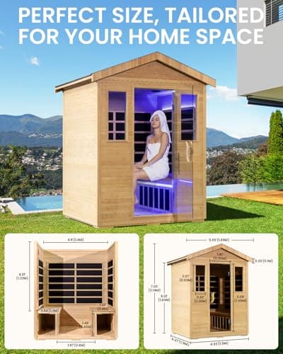 3300W 30A 110V Outdoor Wooden Low EMF Far Infrared Sauna with Bluetooth Speakers, LED Lamp, LCD Control Panel, Tempered Glass Door, 7 Colors Lighting 4 Person, 84.24"x66.6"x51.24"