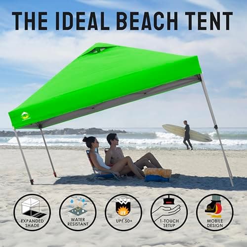 CROWN SHADES 10x10 Pop Up Canopy - Beach Tent with One Push Setup - Easy Outdoor Sun Shade for Events, Parties, Camping - Gazebo with STO-N-Go Cover Bag, Silver Coated Top, Green