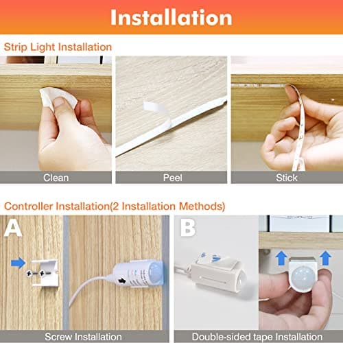 WOBANE LED Strip Lights, Motion Sensor Light Strip with Remote and Adapter, Night Light, Dimmable Function, 16.4ft Tape Lighting for Kitchen, Under Cabinet, Bedroom, Shelf, Bed, 3000K Warm White