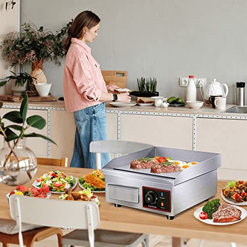 22" Electric Countertop Flat Top Griddle 1600W 110V Non-Stick Commercial Restaurant Teppanyaki Grill Stainless Steel Adjustable Temperature Control 50~300℃