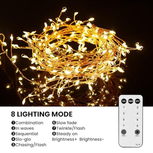 Dailyart Fairy Lights Plug in, 200 Led Twinkle String Light with Remote 10Ft 8 Modes Warm Cluster Lights with Timer for Bedroom Wreath Party Window Wedding Christmas Tree Decoration Gold Wire