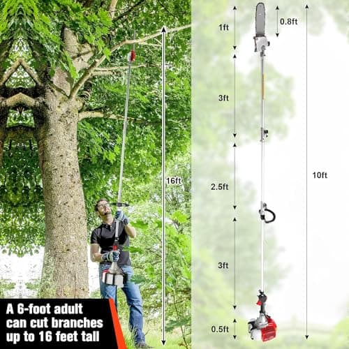 Pole Saw Gas Powered 58 CC, 2 Cycle Gas Powered Pole Saw with 11.5 Inch Pole and 16 Foot Retractable Long Pole Saw - Gas Pole Saws for Tree Trimming