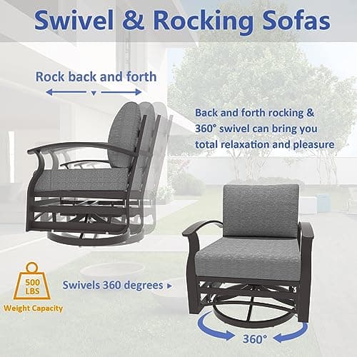 ALAULM Aluminum Patio Furniture Set with Propane Fire Pit Table 5-seat Metal Outdoor Furniture w/Fire Pit Patio Sectional Sofas w/5.2" Cushions for Patio, Backyard, Poolside-Grey