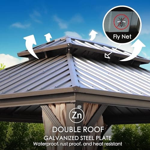 Kozyard Caesar 10'x12' Hardtop Gazebo - Permanent Metal Pavilion with Netting Shaded Curtains for Patio, Backyard, and Deck - Galvanized Steel Outdoor Aluminum Canopy, Double Roof Gazebo (Dark Brown)