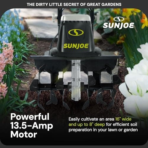 Sun Joe Electric Garden Tiller and Cultivator, Steel Tines, 13.5 Amp, 16 Inch, Black - Heavy Duty Gardening Machine and Equipment for Lawn, Yard, and Grass