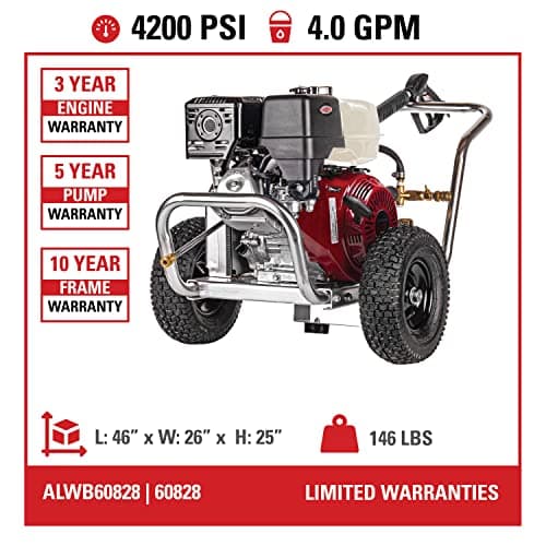 SIMPSON Cleaning ALWB60828 Water Blaster Series 4200 PSI Gas Pressure Washer, 4.0 GPM, Honda Engine, Includes Spray Gun and Wand, 5 QC Nozzle Tips, Monster Series 3/8-in. x 50-ft. Hose, (49-State)