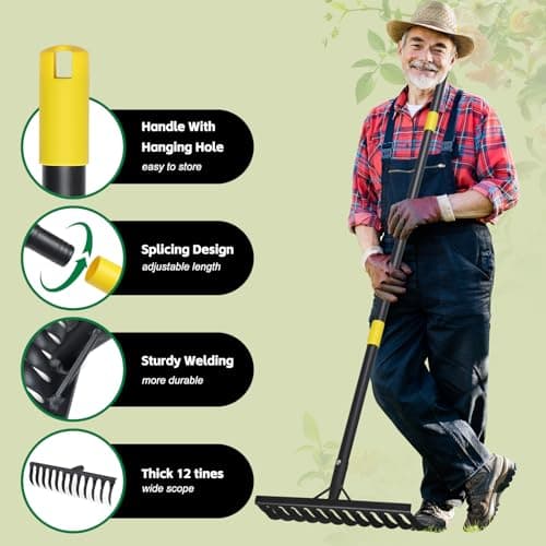 Garden Rake Heavy Duty, 74 Inch Metal Rake with 12 Tines, Bow Rake with Long Handle for Loosening Soil Leveling Lawn Farming Land, Black