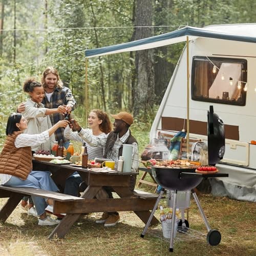 22 Inch Charcoal Grill with 2 Foldable Side Tables,Charcoal Kettle Grills with Wheels,Outdoor bbq Grill,Portable Charcoal Grill for Camping,Party,Backyard (Black)