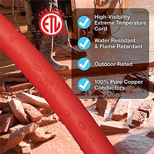 Clear Power 50 ft Heavy Duty Extreme Cold Weather Outdoor Extension Cord 12/3 SJTW, Lighted Connector, Red, Water & Weather Resistant Flame Retardant, 3 Prong Grounded Plug, DCOC-0107-DC