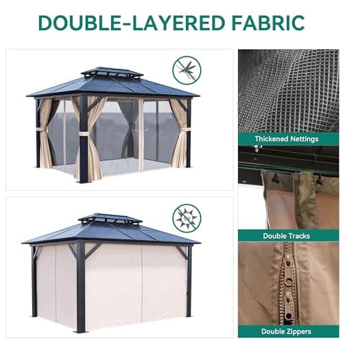 YITAHOME 10x12FT Gazebo Hard-Top Double Roof Canopy Outdoor with Netting and Shaded Curtains, Aluminum Frame Polycarbonate Hardtop Garden Tent for Patio, Backyard, Deck and Lawns, Brown
