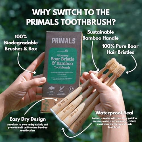 PRIMALS Boar Bristle & Bamboo Toothbrush (4-Pack) - Premium Boar Bristles - Fully Biodegradable - Plastic & Nylon Free - Quick Dry Design