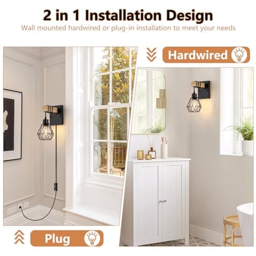 Plug in Wall Sconces Set of Two, Vintage Wood Wall Lamps with Plug in Cord, Farmhouse Wall Light Fixture with 5.25FT On/Off Switch Cord, Indoor Wall Lamp for Bedroom Living Room
