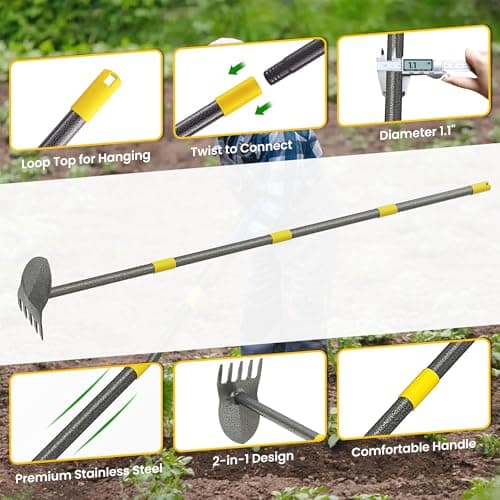 Hoe Garden Tools, Pointed Hoe for Weeding, Iron Tines for Loosening Soil, Hoe Cultivator 2 in 1 Manual Garden Tools, 17-60 Inch Long Handle Heavy Duty Garden Hoe, Black