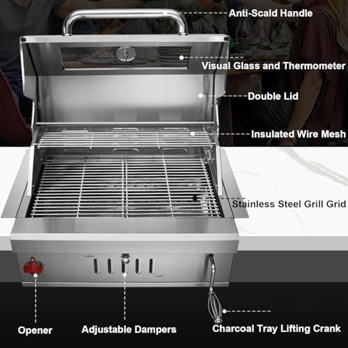 Built In Charcoal Grills Outdoor Kitchens,28-Inch Stainless Steel Charcoal bbq Grill Built In with Liftable Charcoal Tray,Insulated Hood, Temperature Gauge and Rain Fabric cover (Round Lid)