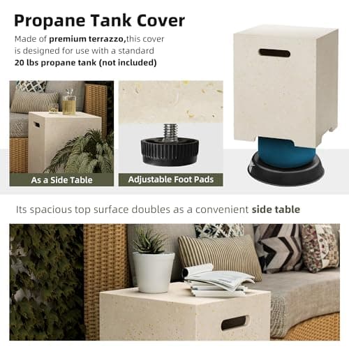 UPHA 42-inch Outdoor Propane Gas Fire Pit Table 50000 BTU Concrete Rectangle FirePit for Outside Patio with Propane Tank Cover, Wind Guad, White Glass Rocks, Rain Cover,Beige