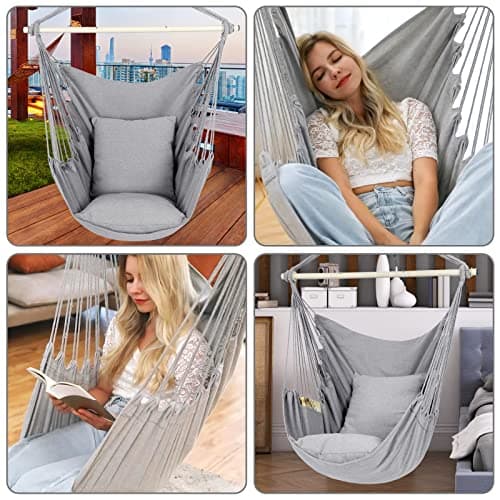 Y- Stop Hammock Chair Hanging Rope Swing Chair, Max 500 Lbs, 2 Seat Cushions Included, Removable Steel Spreader Bar with Anti-Slip Rings, Hardware kit-for Indoor or Outdoor(Light Grey)