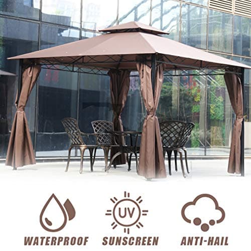 FDW 10'x13' Outdoor Patio Gazebo Heavy Duty Steel Frame Canopy with Double Roof, Privacy Curtains, for Garden, Backyard, and Lawn (Brown)