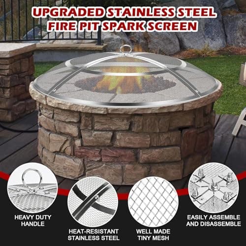 Fire Pit Spark Screen,36 Inch Fire Pit Screen Cover Stainless Steel Outdoor with Handle&Poker,Firepit Screens Cover Round Mesh Lid Heavy-Duty Steel Replacement for Backyard/Beach/RV Camping