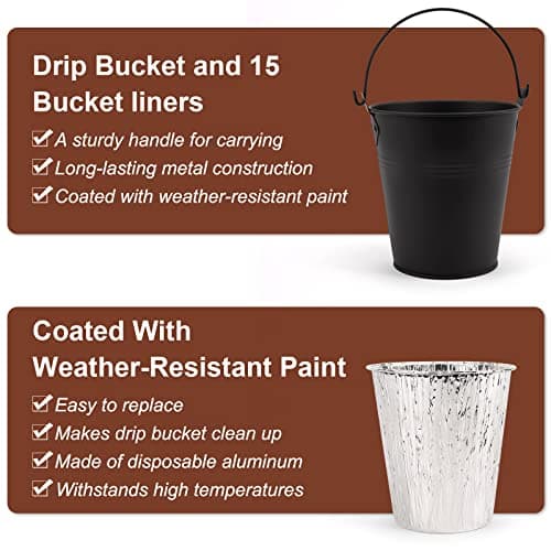 Drip Bucket and 15-Pack Disposable Foil Liners for Oklahoma Joe's, Traeger, Pit-Boss, Z Grill, Camp Chef, Grill Grease Liner Fits Most Offset Smoker, Rec Tec Pellet Grill Bucket, Black