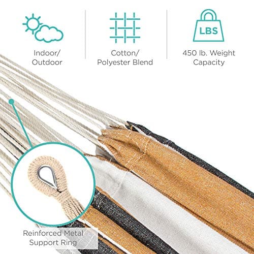 Best Choice Products Double Hammock with Steel Stand, Indoor Outdoor Brazilian-Style Cotton Bed w/Carrying Bag, 2-Person Capacity - Desert Stripes