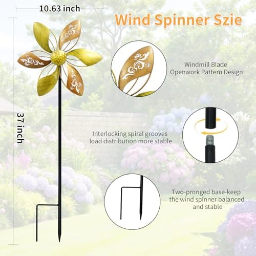 Wind Spinners Outdoor Metal, 10.63" W*37" H Pinwheels for Yard and Garden Decor, Kinetic Wind Sculpture Spinner (Gold Ornate Laser-Cut Floral)
