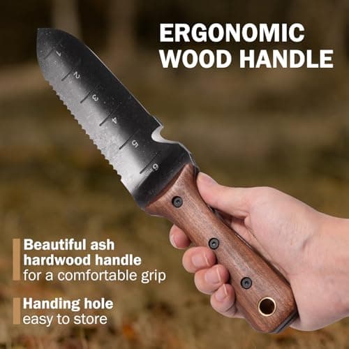 Hori Hori Garden Knife, Garden Tools with Sheath for Weeding,Planting,Digging, 7" Stainless Steel Blade with Cutting Edge, Full-Tang Walnut Wood Handle with Hanging Hole