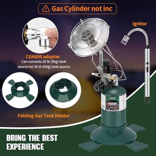 KOMAN Propane Heater for Tent, Camping & Patio - Portable Outdoor Heater with 1lb Propane Tank & 20-40lb POL Adapter, Safety Shut-off Valve & Tip-over Switch