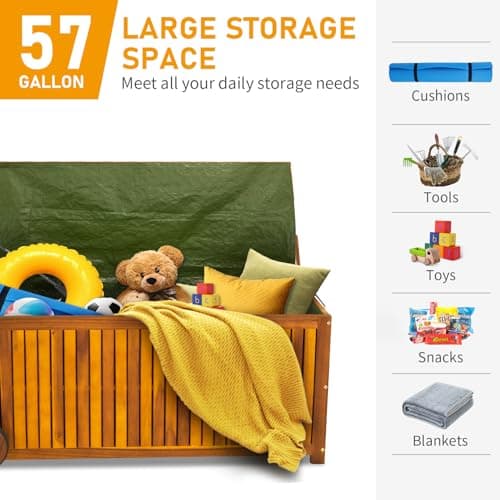 VINGLI 57 Gallon Wooden Outdoor Storage Box, Acacia Patio Storage Deck Box with Wheels, Outdoor Storage Bin Design with Water-Resistant Inner Bag, Garden Organizer Box for Indoors & Outdoors