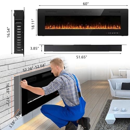 BOSSIN 60 inch Ultra-Thin Silence Linear Electric Fireplace, Recessed Wall Mounted Fireplace, Fit for 2 x 4 and 2 x 6 Stud, 12 Adjustable Flame Color & Speed,Touch Screen Remote Control with 8h Timer