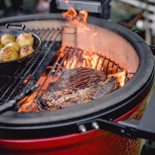 Kamado Joe Classic Joe Series II 18-inch Ceramic Charcoal Grill and Smoker with Cart, Side Shelves, Stainless Steel Grates and 250 Cooking Square Inches in Red, Model KJ-23RHC