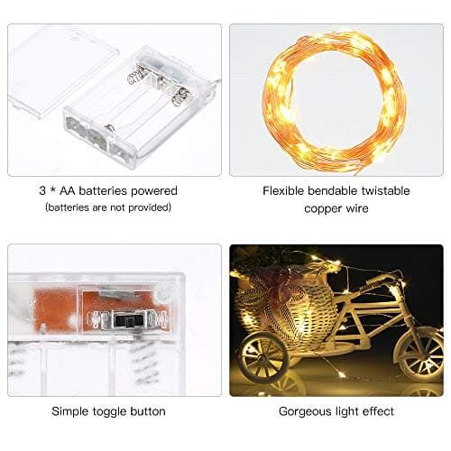 Led Fairy Lights Battery Operated, 2 Packs Mini Battery Powered Copper Wire Starry Fairy Lights for Bedroom, Christmas, Parties, Wedding, Centerpiece, Decoration (5m/16ft Warm White)